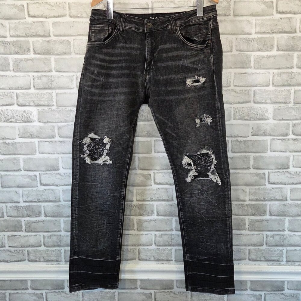 Crysp Denim Men's Size 36 Black Distressed Bandana Patch Skinny Jeans Streetwear